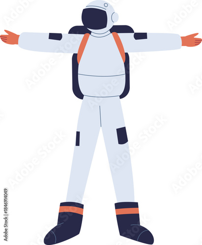 Astronaut character spreading arms in white spacesuit
