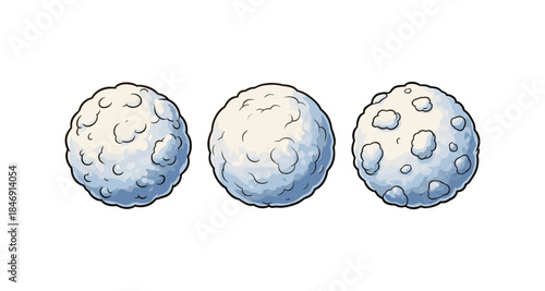 Three cartoon snowballs with different textures and shading on a white background