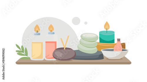 A relaxing spa scene with candles, towels, essential oils, stones, and soft lighting, peaceful wellness and self-care atmosphere.