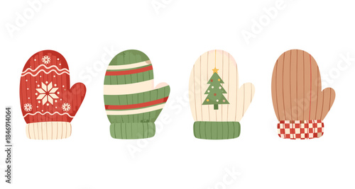 Four cozy winter mittens with festive Christmas designs and patterns