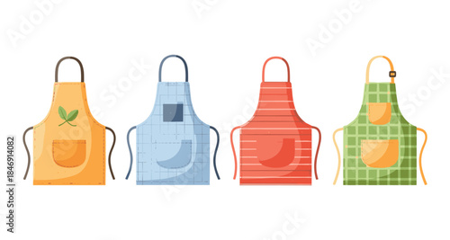 Set of four colorful kitchen aprons flat vector illustration with pockets and hanging loops