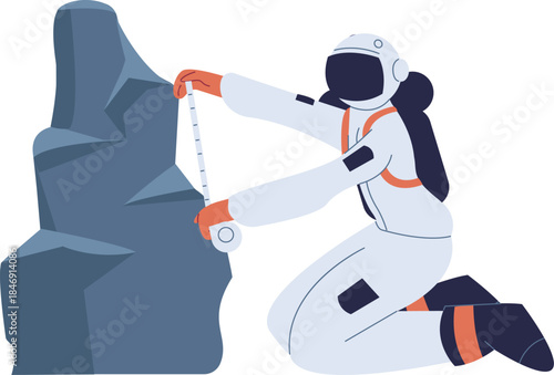 Astronaut measuring rock during space exploration mission
