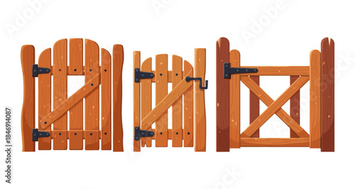 Collection of three rustic wooden gates with black metal hinges and latches