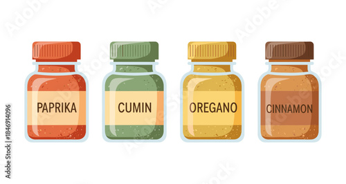 Four spice jars labeled Paprika, Cumin, Oregano, and Cinnamon on a white background