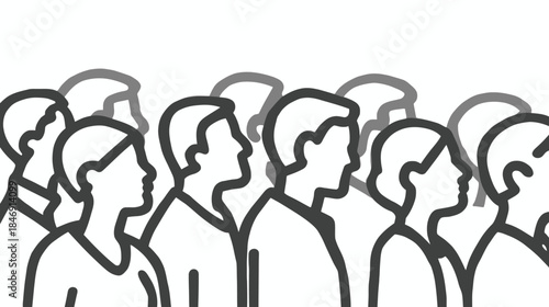 Diverse crowd of minimalist line art people standing together, representing community, audience, or social gathering