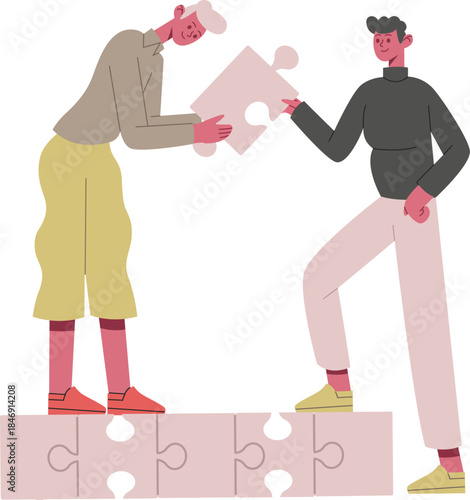 People collaborating assembling puzzle pieces forming a connection