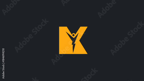 Vibrant orange letter K logo with abstract human figure raising arms and lightning bolt symbol, representing power, energy, and success.
