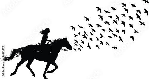 Black silhouette of woman riding galloping horse, flock of birds flying from mouth, vector illustration, concept of freedom, fantasy, black and white isolated on white