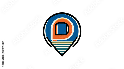 Modern stylized location pin icon with abstract letter D and coffee cup shape in blue and orange graphic design