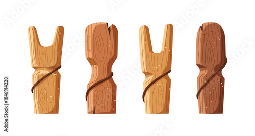 Set of four antique wooden clothespins with twine detail on white background