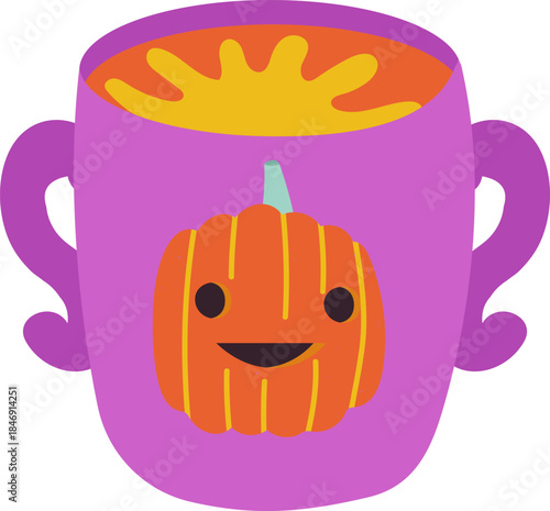Purple mug holding hot drink with smiling pumpkin