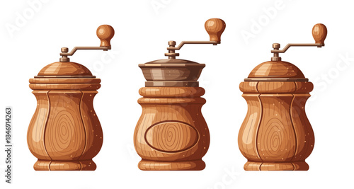 Three vintage wooden pepper grinders with metal crank handles on a white background