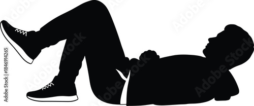 Black silhouette of young man lying on back with knees bent, resting on floor, side view profile, vector illustration isolated on white background.