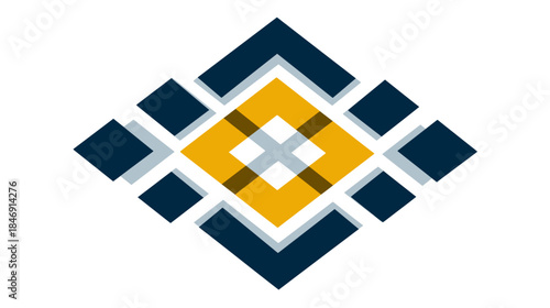 Abstract geometric pattern with blue and yellow diamond shapes and overlapping squares, modern design concept