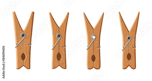 Four classic wooden clothespins arranged in a row on a white background