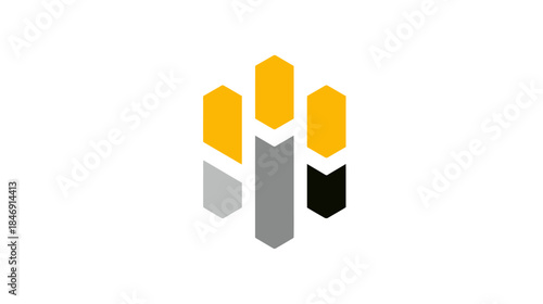 Modern abstract graphic of rising columns in yellow, grey, and black, representing business growth, data, or urban architecture