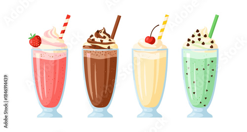 Four delicious milkshakes in tall glasses with whipped cream and toppings
