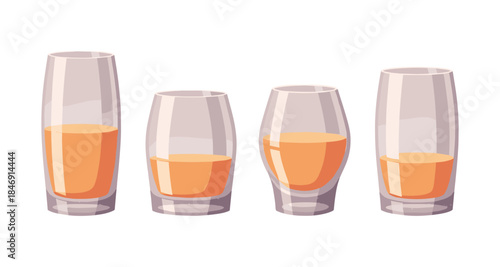 Four different glasses filled with orange liquid on a white background