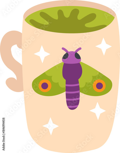 Mug with moth illustration and green beverage