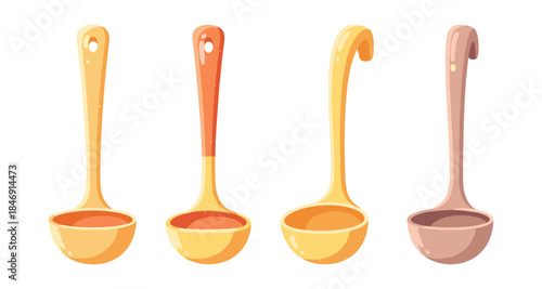 Collection of four cartoon ladles with different handle shapes and colors