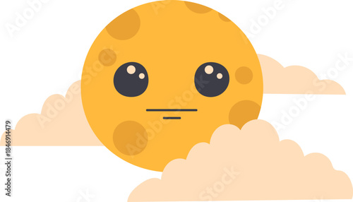 Neutral moon cartoon expression hiding behind clouds