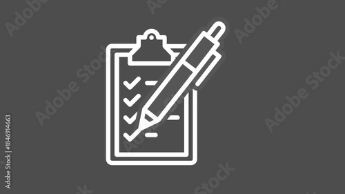 Animated checklist icon. List of tasks line animation. Questionnaire and survey. Fill blank form. White illustration on dark background. HD video with alpha channel. Motion graphic