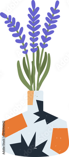 Lavender flowers standing in abstract pattern vase