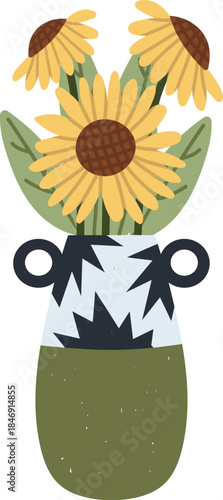 Sunflowers in decorative ceramic vase illustration