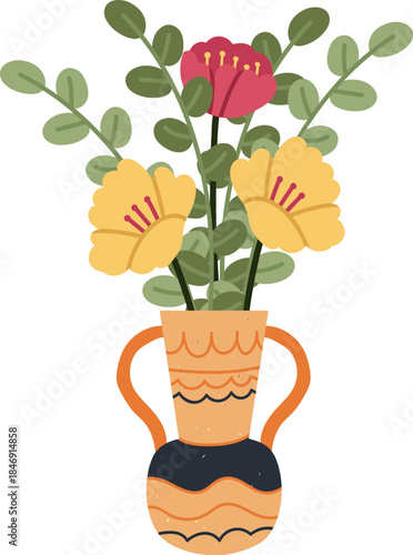 Colorful flowers blooming in patterned handle vase