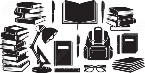 School and study supplies black silhouette icons