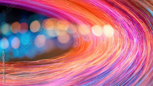 Bright colors swirl around in a design of light at night in a city setting