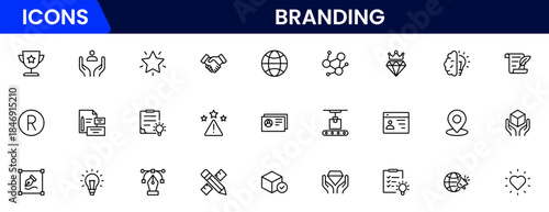 Branding icon set. Containing marketing, product, brand value, design, logo, brand development, social media, advertising and loyal customers icons