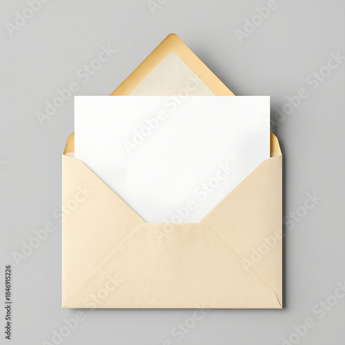 Minimal beige envelope with gold liner flatlay — wedding invitation mockup