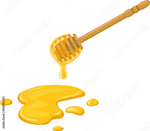 Honey dipper dripping golden sweet liquid