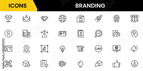 Branding icon set. Containing marketing, product, brand value, design, logo, brand development, social media, advertising and loyal customers icons