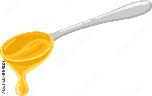 Golden honey dripping from a silver spoon
