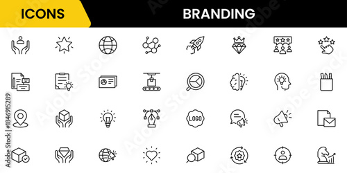 Branding icon set. Containing marketing, product, brand value, design, logo, brand development, social media, advertising and loyal customers icons