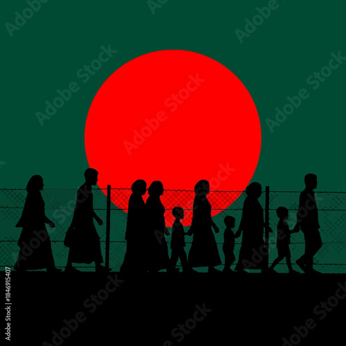 Silhouette of people walking past a fence against the backdrop of the flag of bangladesh, symbolizing migration, refugees, or national pride and history