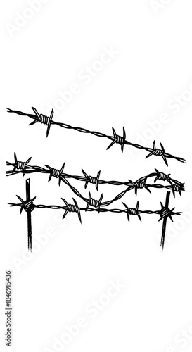 Three strands of barbed wire illustration, handdrawn style, isolated on