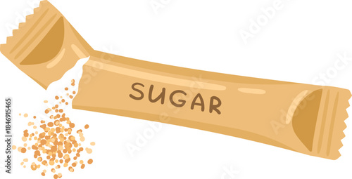 Sugar packet opening pouring brown sweetener granules