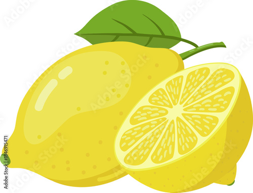 Citrus fruit lemon with green leaf and cut half