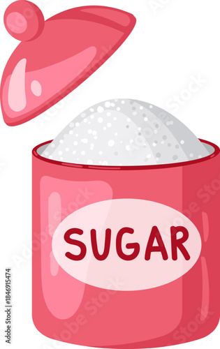 Pink sugar bowl with lid holding white granular sugar