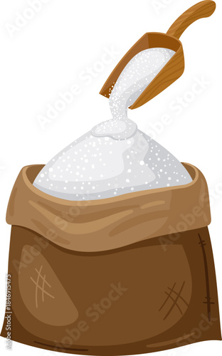White sugar pouring from scoop into burlap sack