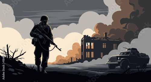 Soldier with rifle standing near burning building and armored vehicle in war zone under gloomy sky