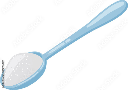 Spoon holding white sugar granules for sweetening food