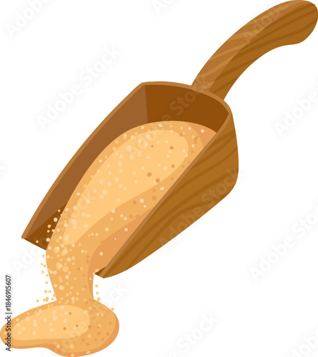 Wooden scoop pouring brown sugar granules