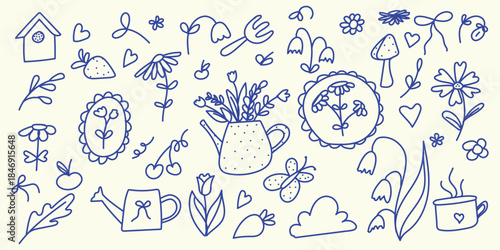 Charming blue doodle set of garden and spring nature elements