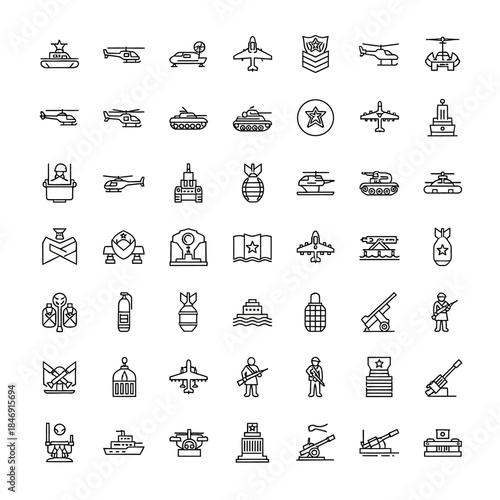 Collection of military and war icons helicopters, tanks, airplanes, bombs, soldiers, ships, and weaponry line art symbols