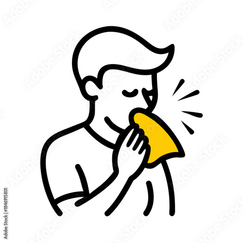 Man sneezing into tissue while feeling unwell and covering mouth. Sneeze indicates a moment of discomfort, showing importance of hygiene and care during cold season.