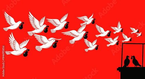 Flock of white doves carrying black bundles flying away from two silhouetted birds on a rooftop against a vibrant red background, symbolizing peace, protest, or migration